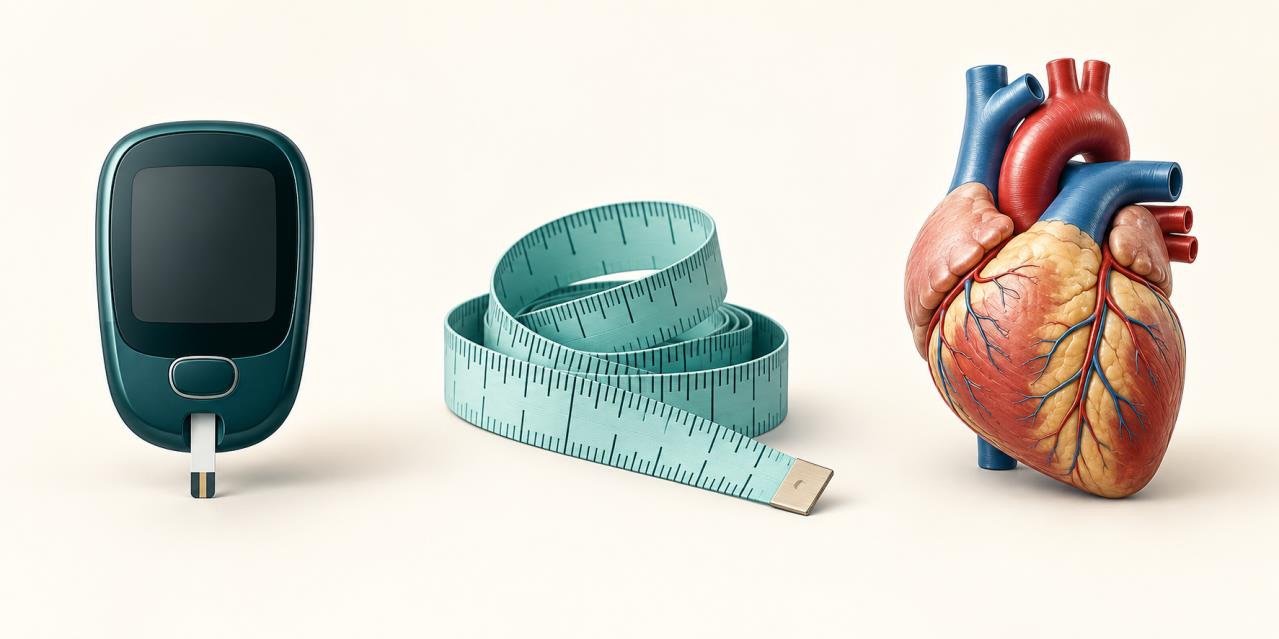 Illustration of a glucose meter, a measuring tape and a heart, representing blood sugar control, weight management and heart health
