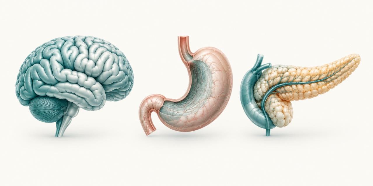 Illustration of the brain, stomach and pancreas, key sites of GLP-1 action