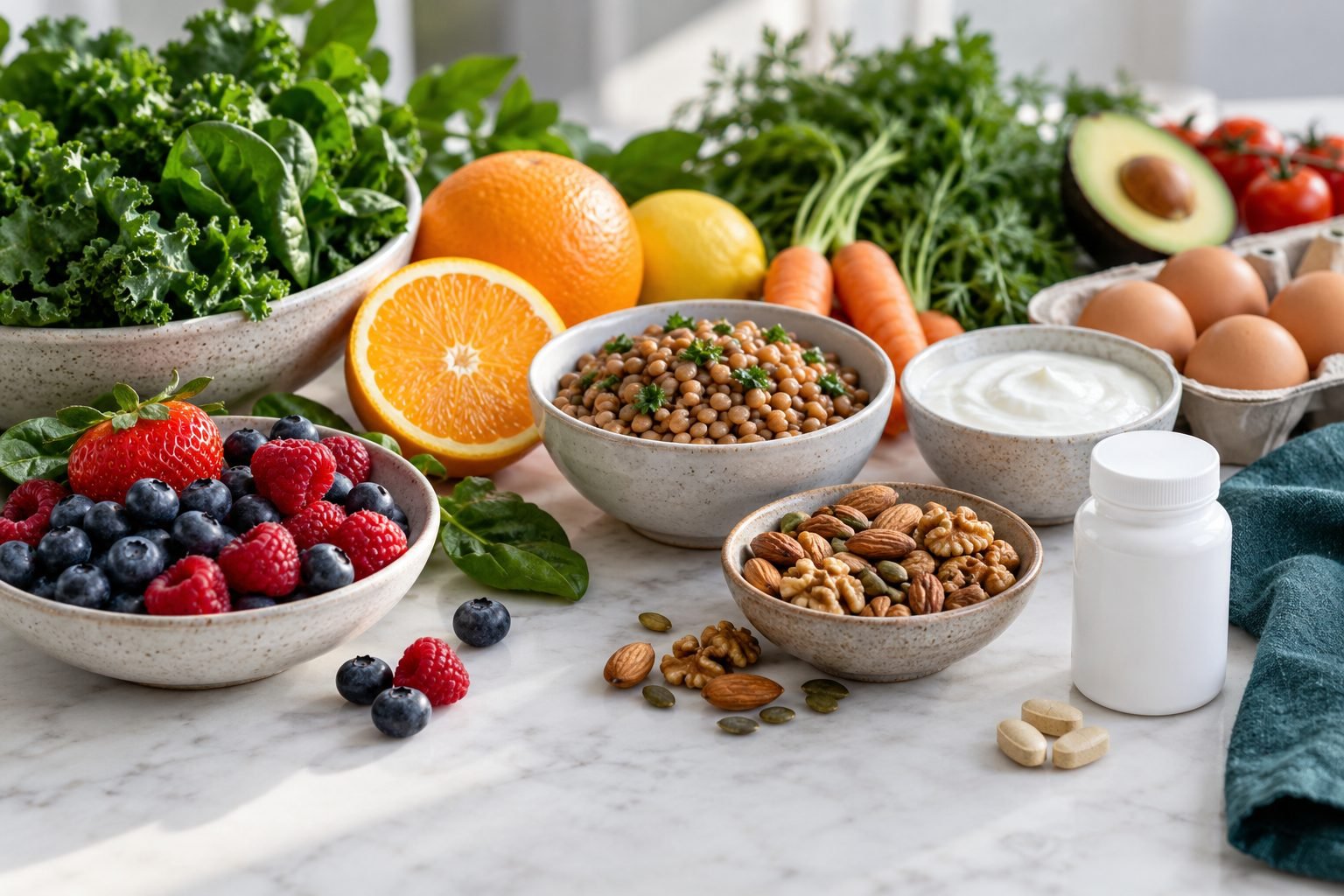 A table of fresh fruit, vegetables, lentils, nuts, yoghurt and eggs beside a white supplement bottle