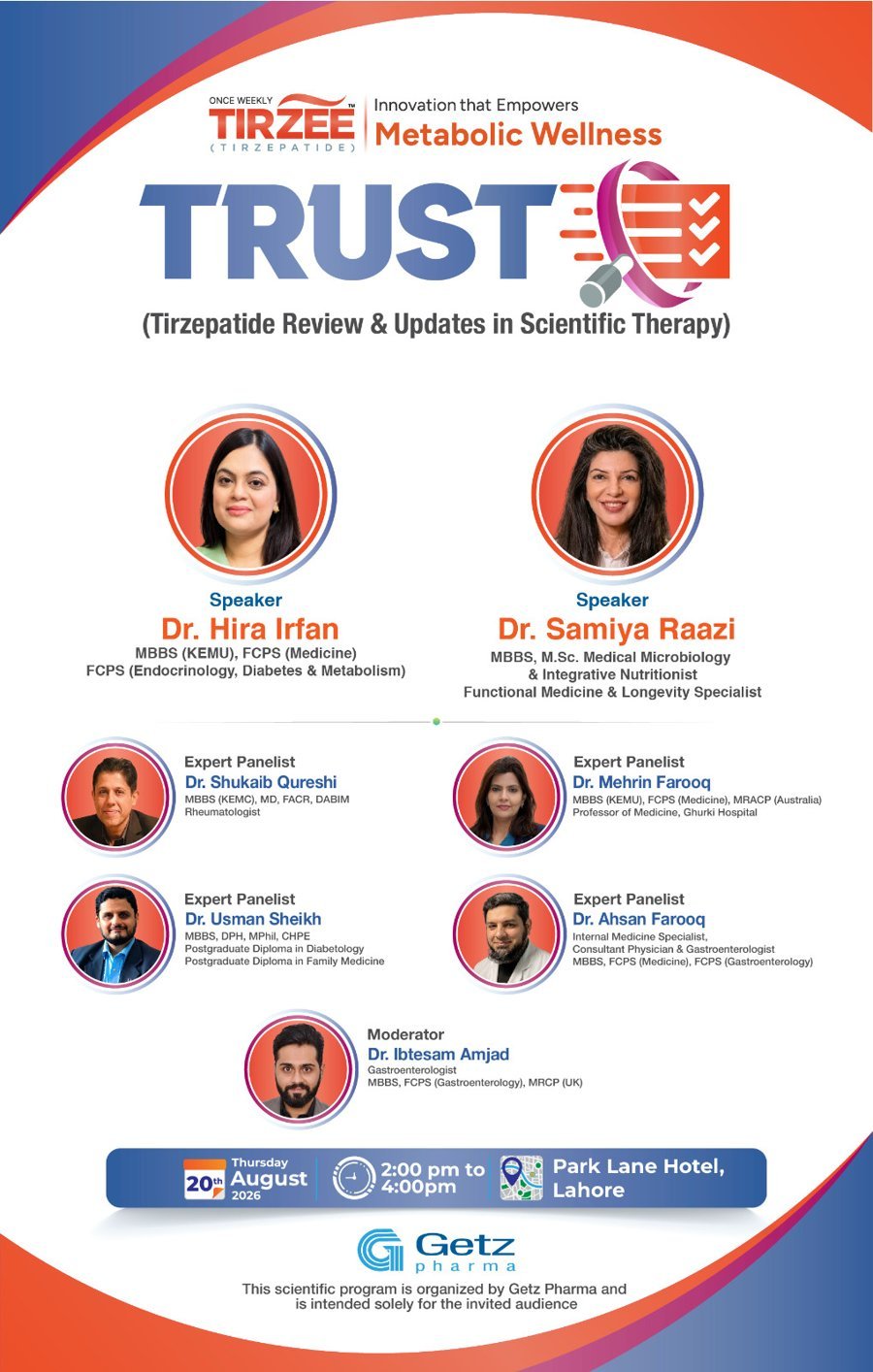 Dr. Hira Irfan speaking at the TRUST — Tirzepatide Review & Updates in Scientific Therapy event, August 2026, Lahore